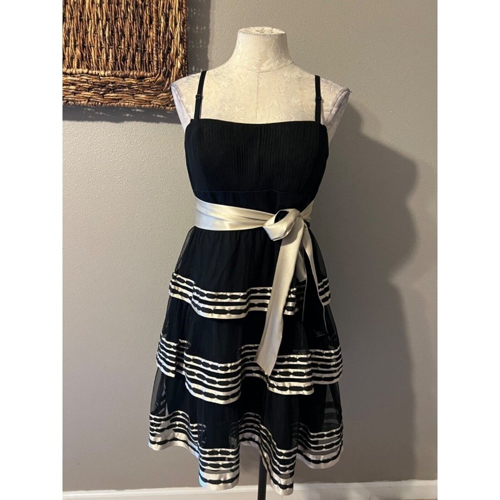 BCBGMAXAZRIA Dress 10 Black Gold Silk Trim Tiered Net Party Wedding Cruise - Picture 2 of 7